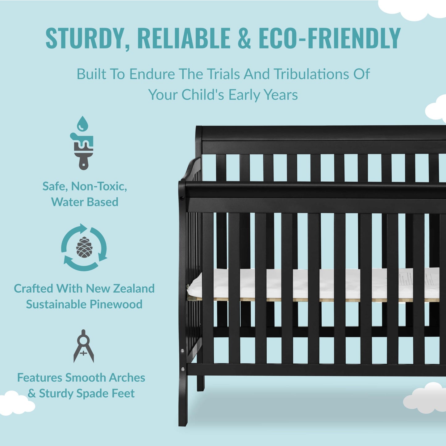 Dream On Me Jayden 4-In-1 Mini Convertible Crib And Changer In Black, Greenguard Gold Certified, Non-Toxic Finish, New Zealand P