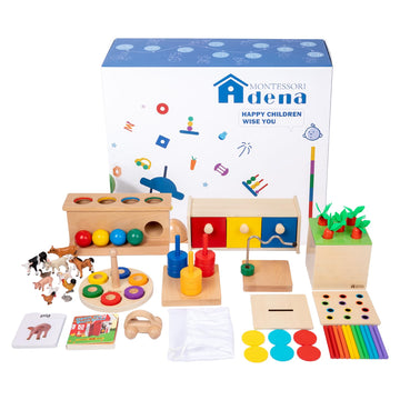 Adena Montessori Play Kit for 13-15 Month Baby,10 in 1 Wooden Learning Educational Toys for Toddler,Include Color Pegs&Rings,Obj
