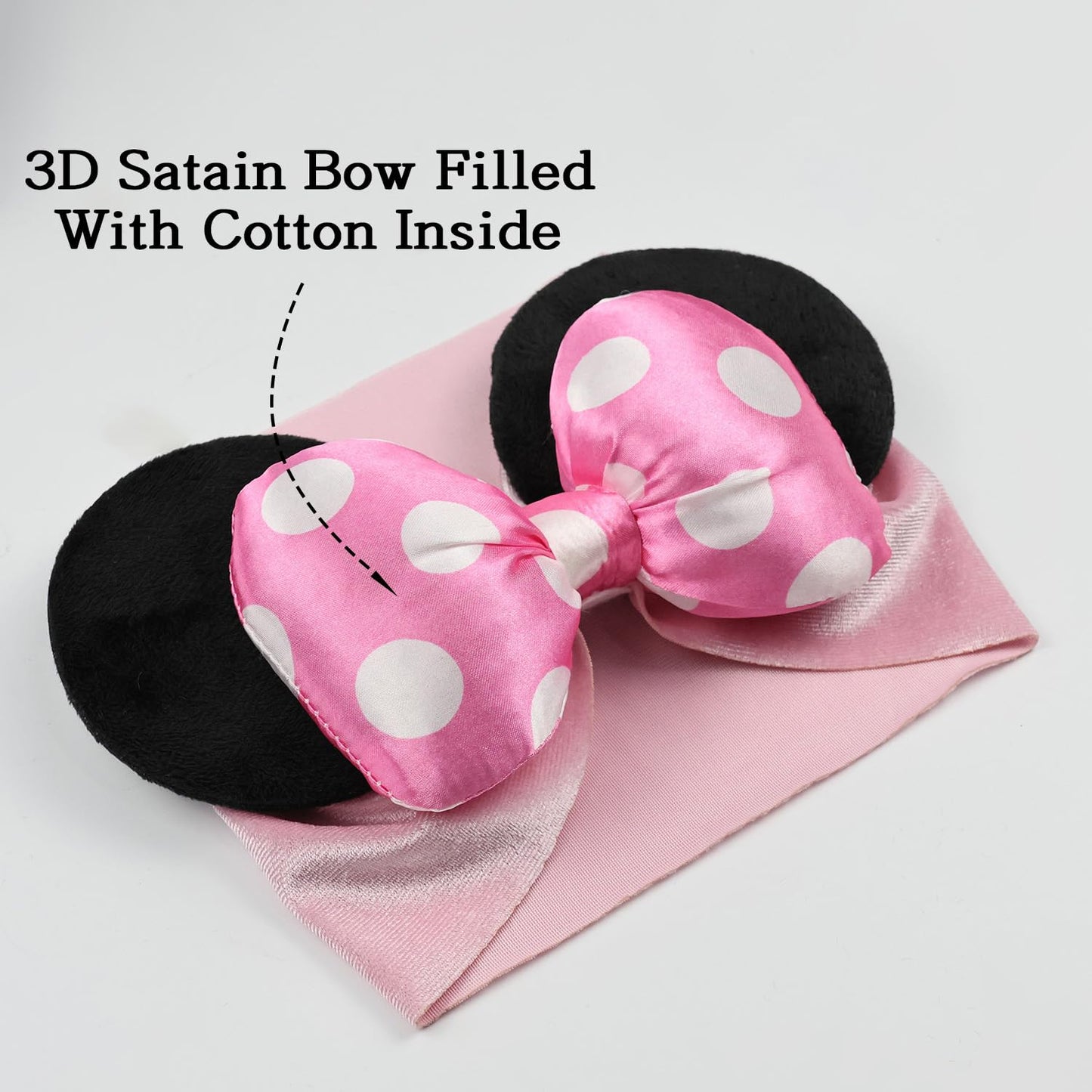 Jiahang 3D Baby Girl Mouse Ears Turban Headwrap With Satin Polka Dot Bow, Wide Velvet Hairband, Hair Bow Headband For Infant Tod