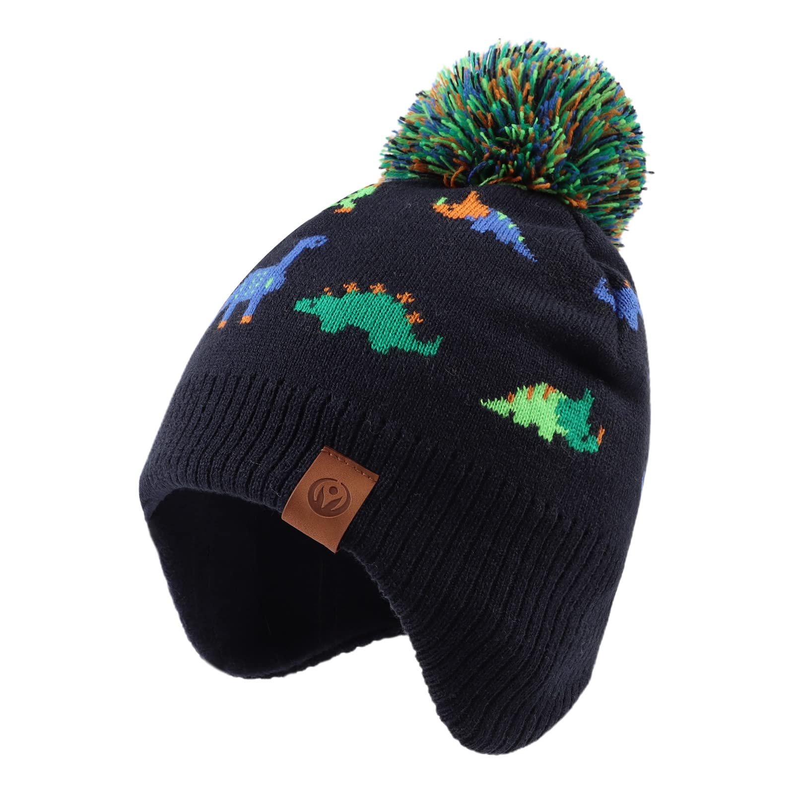 Jangannsa Knitted Baby Hat Scarf Set Winter Warm Boys Girls Beanie Fleece Lining Toddler Kids Hats With Pompom (Navy Dinosaur Ha