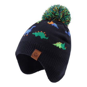 Jangannsa Knitted Baby Hat Scarf Set Winter Warm Boys Girls Beanie Fleece Lining Toddler Kids Hats With Pompom (Navy Dinosaur Ha