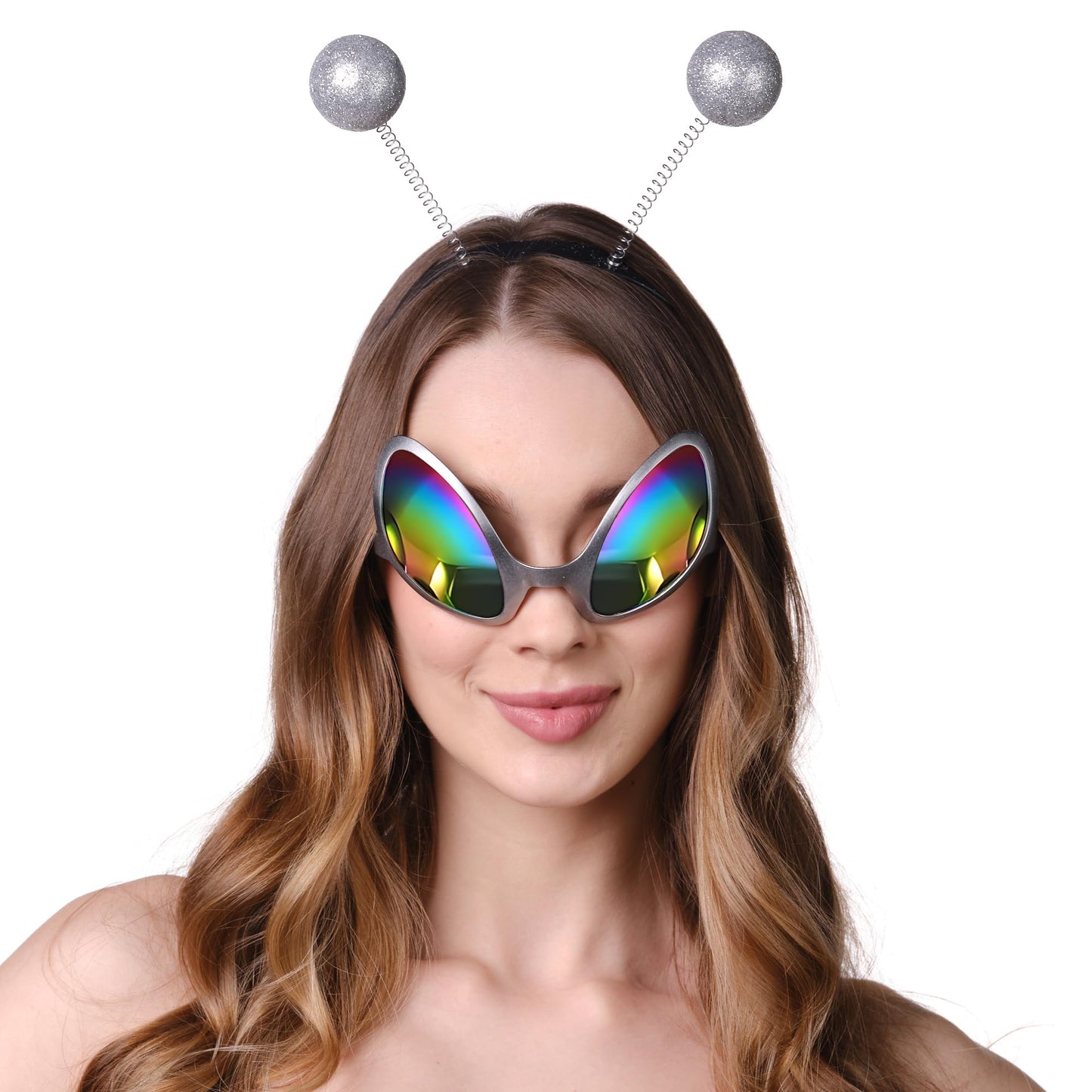 Cheerin Silver Alien Headband And Glasses - Martian Antenna Headband - Glitter Ball Head Boppers - Space Theme Costume - Alien C