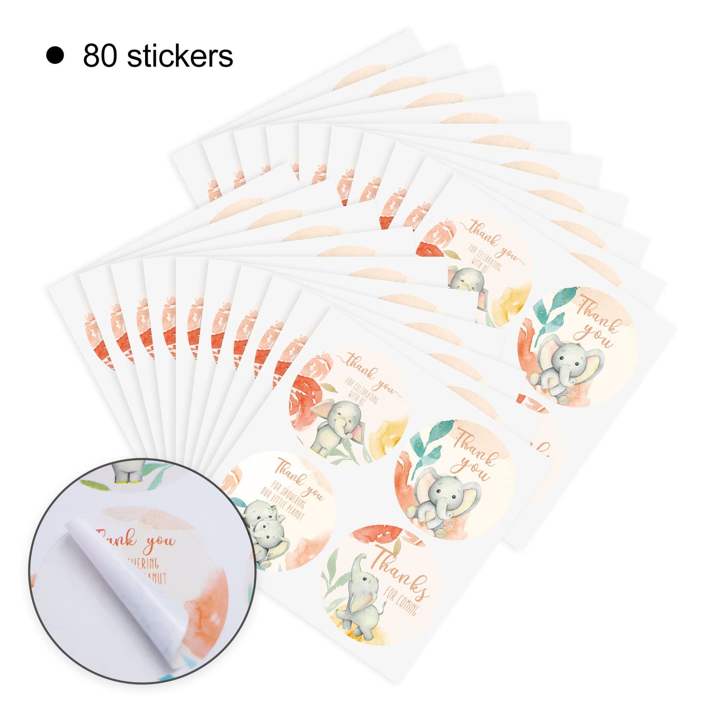 80 Elephant Thank You Stickers For Girl, Girl Baby Shower Thank You Stickers, Elephant Birthday Party Favor Label Decorations (2