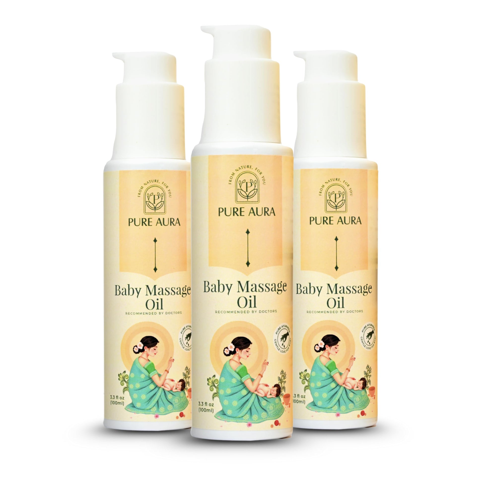 Pure Aura Baby Massage Oil (Pack Of 3, 100Ml Each) | 100% Natural & Ayurvedic | Nourishes Skin & Hair | Chemical-Free, Safe For 