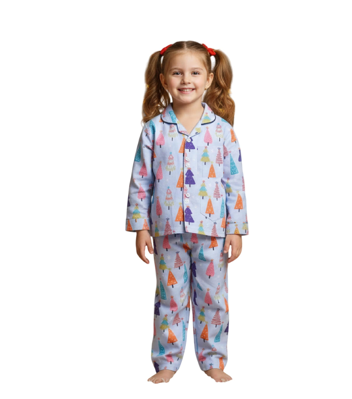 The Magic Wand Christmas Theme Xmas Tree Printed Night Suit for Kids Girls, Rayon Woven Full Sleeves Coordinating Set Nightdress