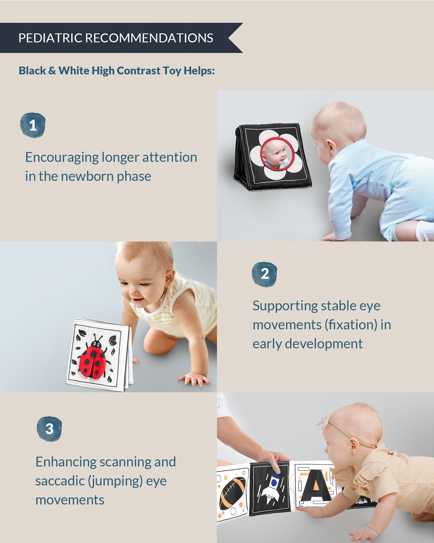Infinno Black & White Baby Toys High Contrast Crinkle Cloth Activity Book, Infant Mirror Toys for Baby 0-6 Months, Newborn Senso