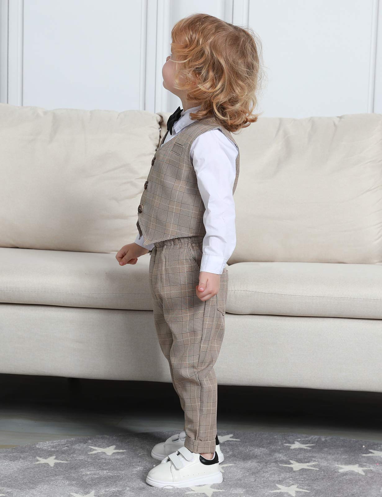 A&J Design Baby Suits For Boys Gentleman Wedding Formal Ring Bearer Plaid Outfit Dress Clothes Tuxedo Set Khaki 18-24 Months
