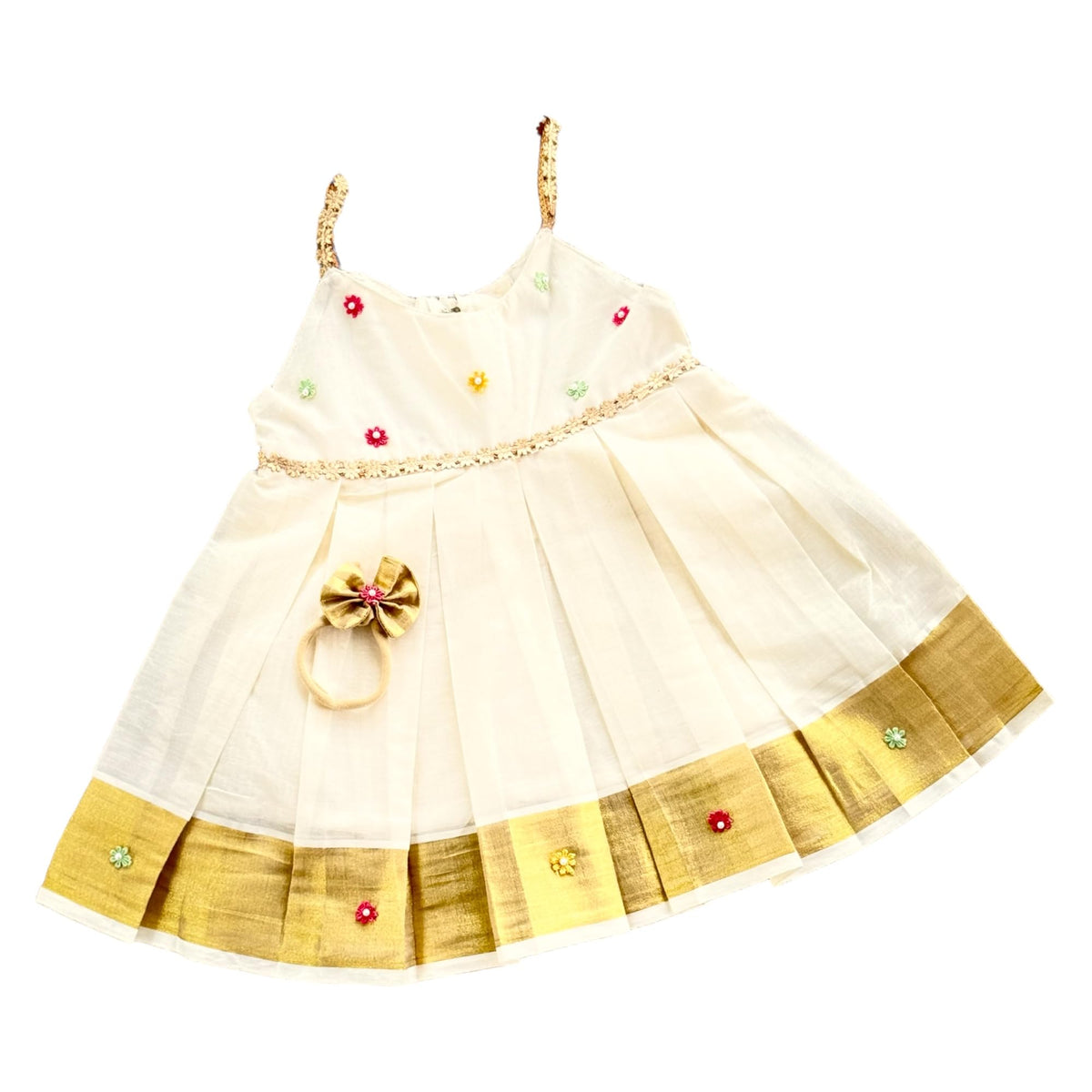 Picksparrow Kerala Kasavu Cotton Baby Girl Traditional Dress/Ethnic Wear With Headband (MultiFlower, 03 Months) Off White