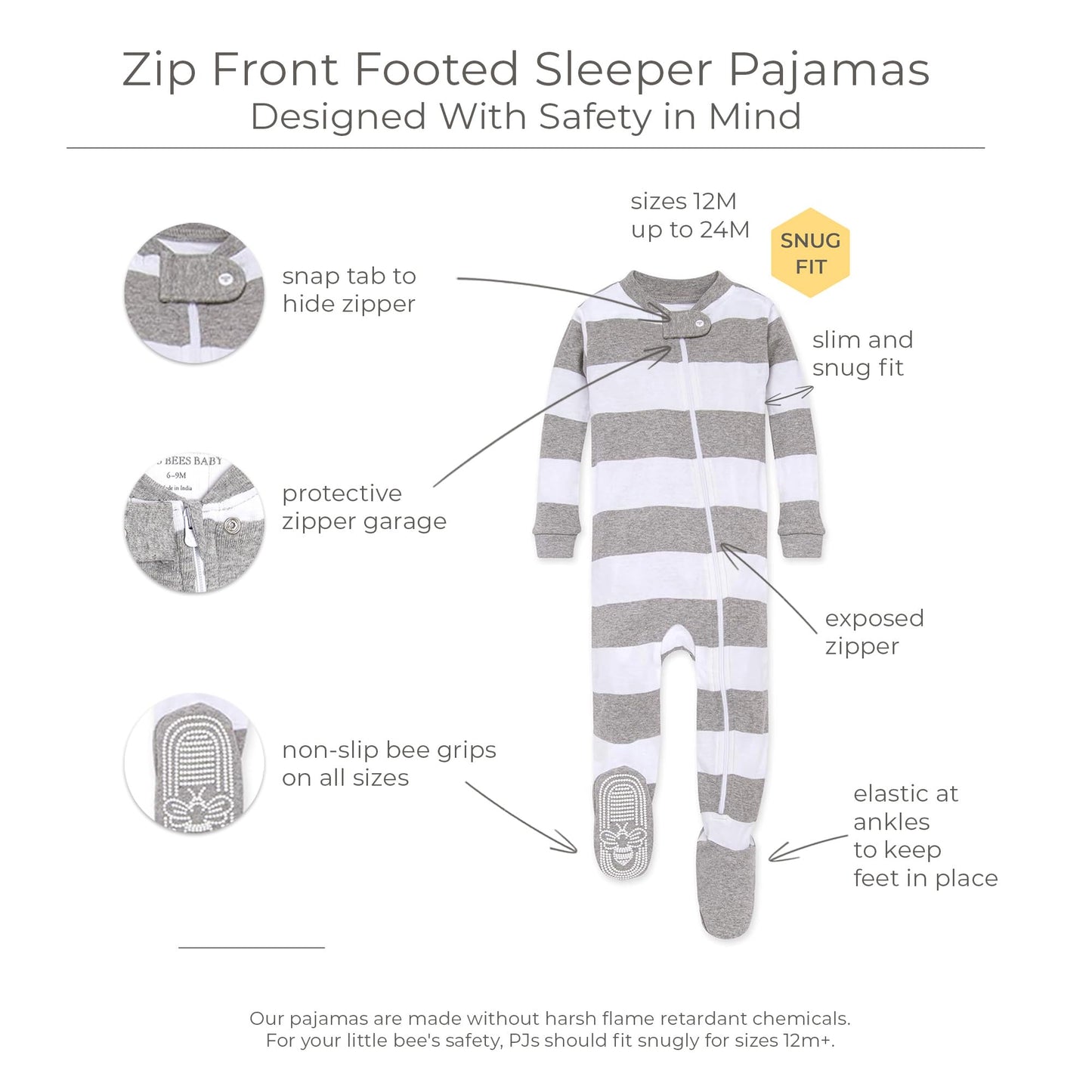 Burt'S Bees Baby Baby Boys Pajamas, Zip-Front Non-Slip Footed Pjs, Organic Cotton And Toddler Sleepers, Heather Grey Rugby Strip