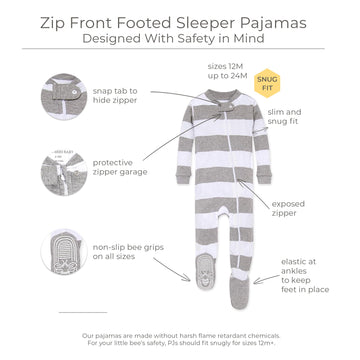 Burt'S Bees Baby Baby Boys Pajamas, Zip-Front Non-Slip Footed Pjs, Organic Cotton And Toddler Sleepers, Heather Grey Rugby Strip