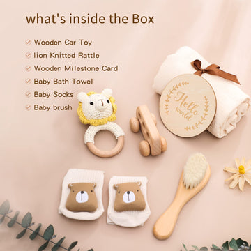 New Born Baby Gift Basket, Baby Boys Girls Shower Gifts With Wooden Lion Rattle, 6Pcs New Born Essentials Bath Set With Baby Bru