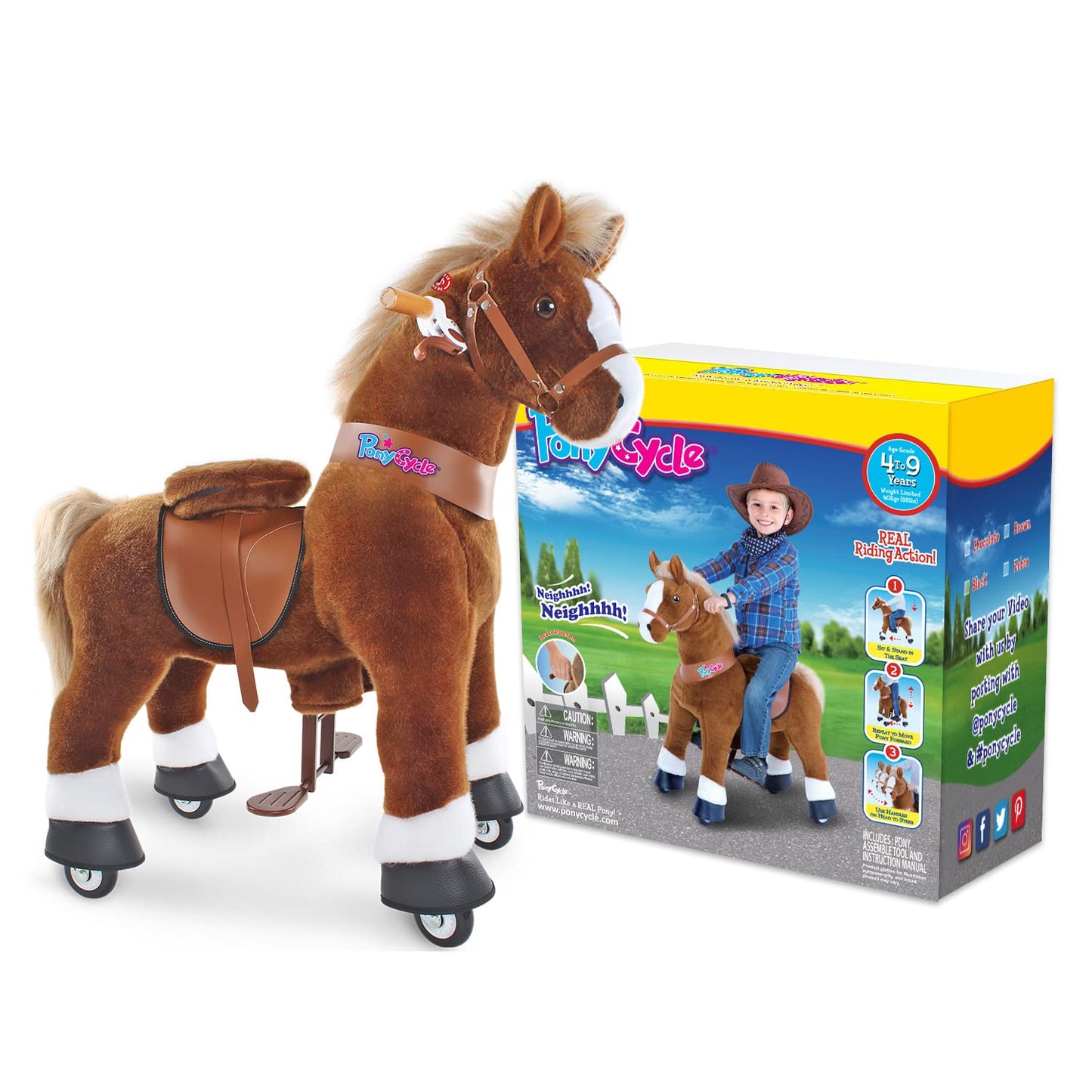 PonyCycle Official Classic U Series Ride on Horse Toy Plush Walking Animal Brown Horse Size 4 for Age 4-8 Ux424