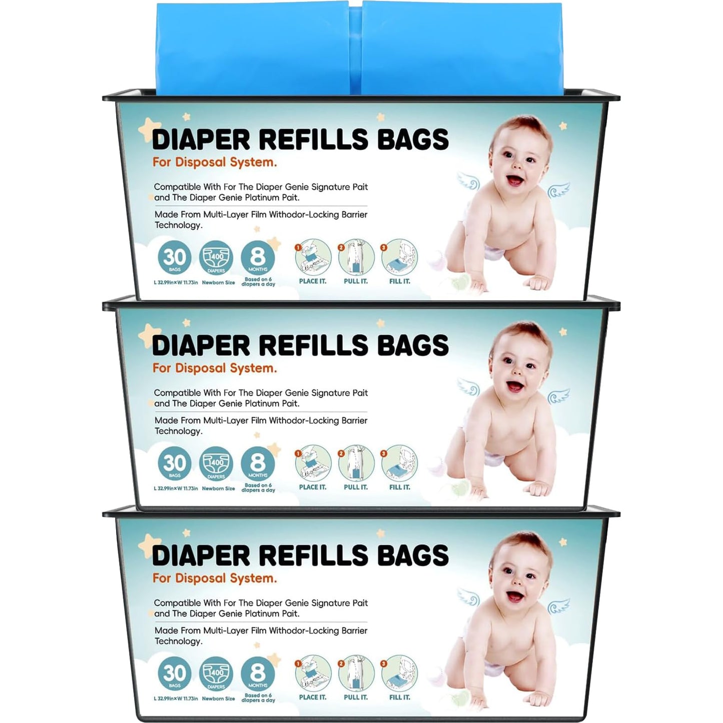 90 Bags Diaper Pail Refills Bags Compatible with Genie Easy Roll Signature and Platinum Diaper Pails | 7-Layer,Odor Barrier Tech