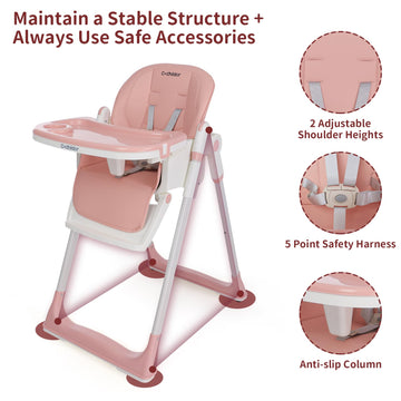 Cochildor 3-In-1 Foldable High Chair For Babies & Toddlers - Adjustable Height, Reclining Seat, 5-Point Safety Harness, Removabl