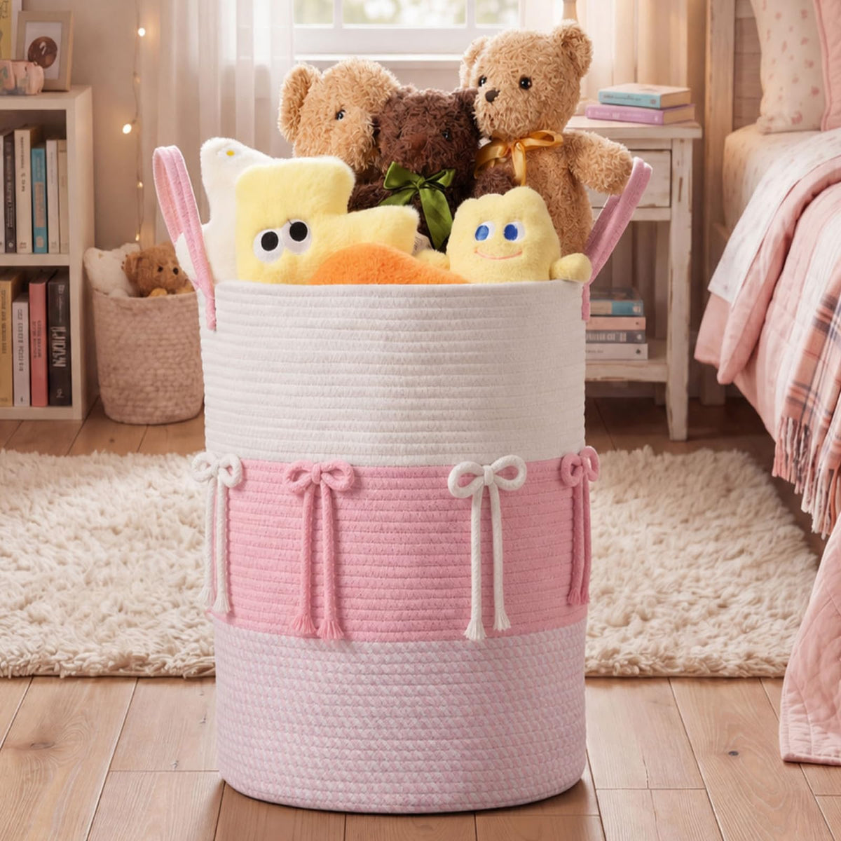 Domensi Coquette Pink Bow Laundry Basket 17.7 x 15 Inches Coquette Storage Basket for Girls Nursery Hamper Foldable Cotton Rope 