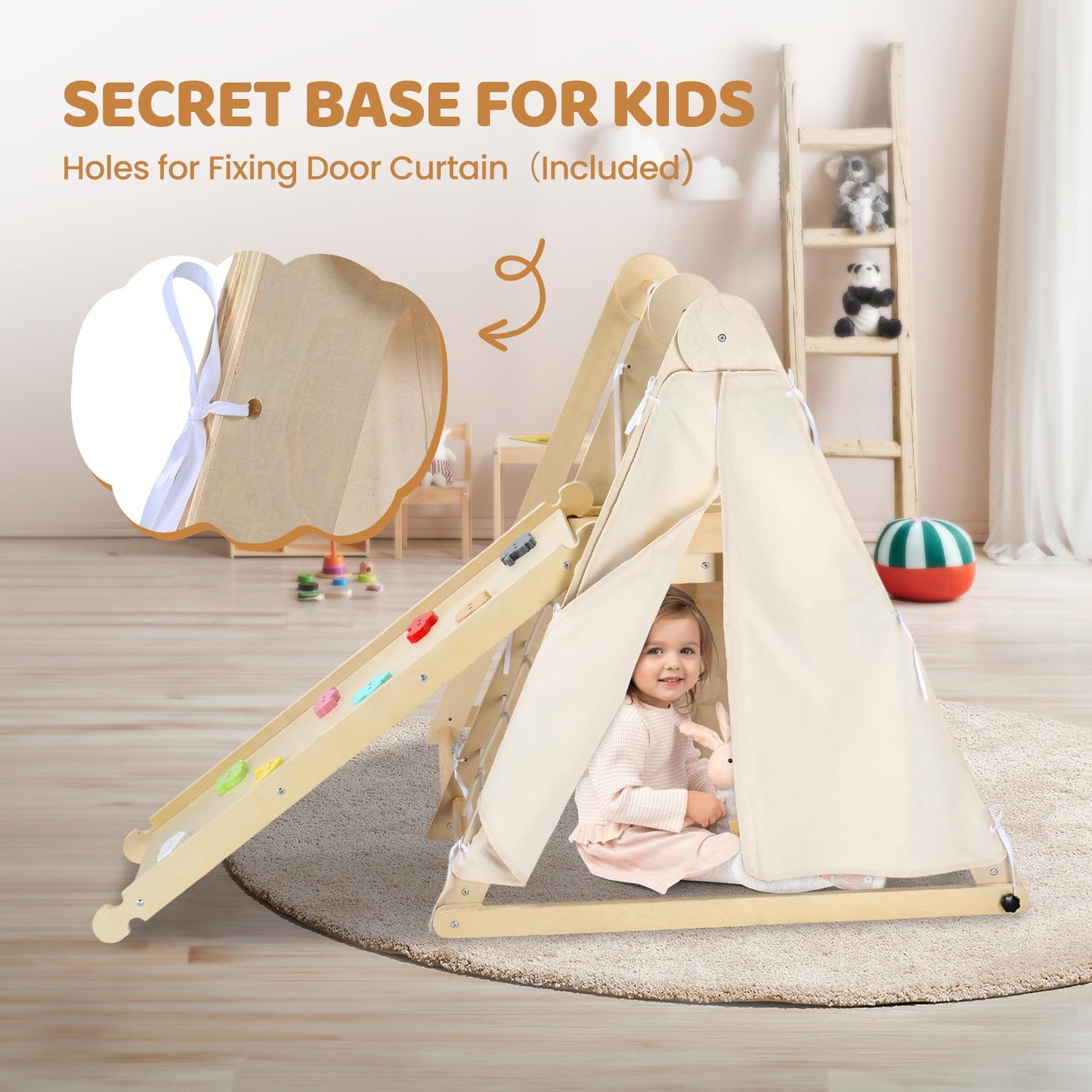 Joymor 7-In-1 Indoor Jungle Gym Foldable Climbing Set With Adjustable Swing & Secret Base Playground, Wooden Indoor Climbing Toy