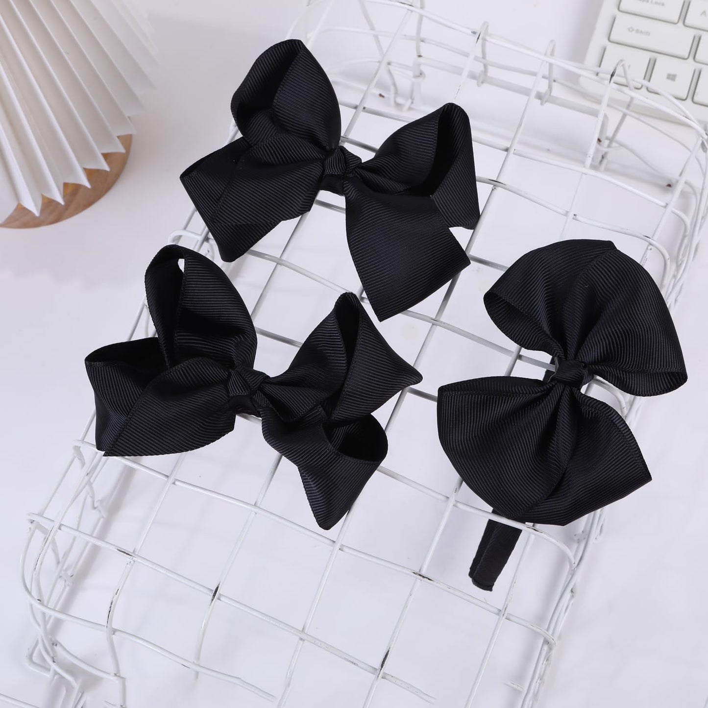 Black Bow Headband & 2 Pcs 4 Inch Hair Bows Set, Back School Hair Accessories For Little Toddler School Girls (Black)