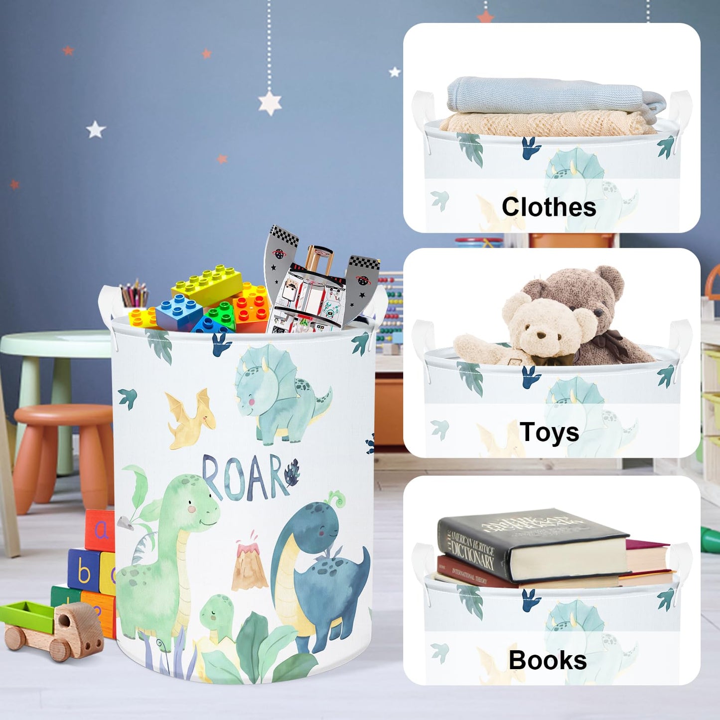 Clastyle 63L Dinosaur Collapsible Kid Room Basket Dragon Dirty Clothes Hamper For Boy Girl Large Toy Blanket Nursery Storage Bas