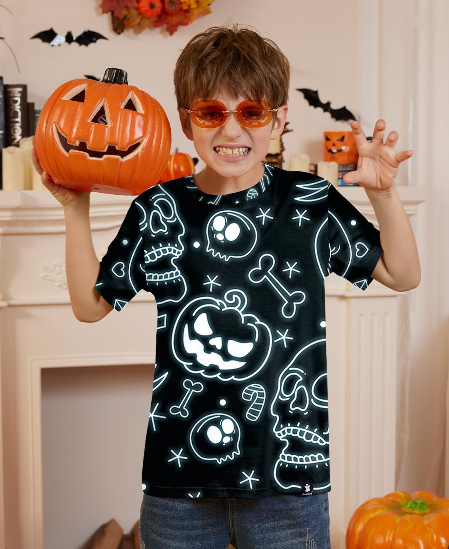 Halloween Unisex Kids Jack O' Lantern Skull Pumpkin Black Top Short Sleeve Party Shirt 10 Years