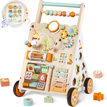 Baby Push Walker, Wooden Baby Walker with Wheels, Montessori Activity Center for 1 2 3 Years Old Boys Girls, Adjustable Speed & 