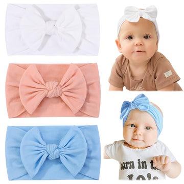 Jollybows 3Pcs Baby Nylon Headbands Hairbands Hair Bow Elastics For Baby Girls Newborn Infant Toddlers Kids (4-White+Pink+Blue,