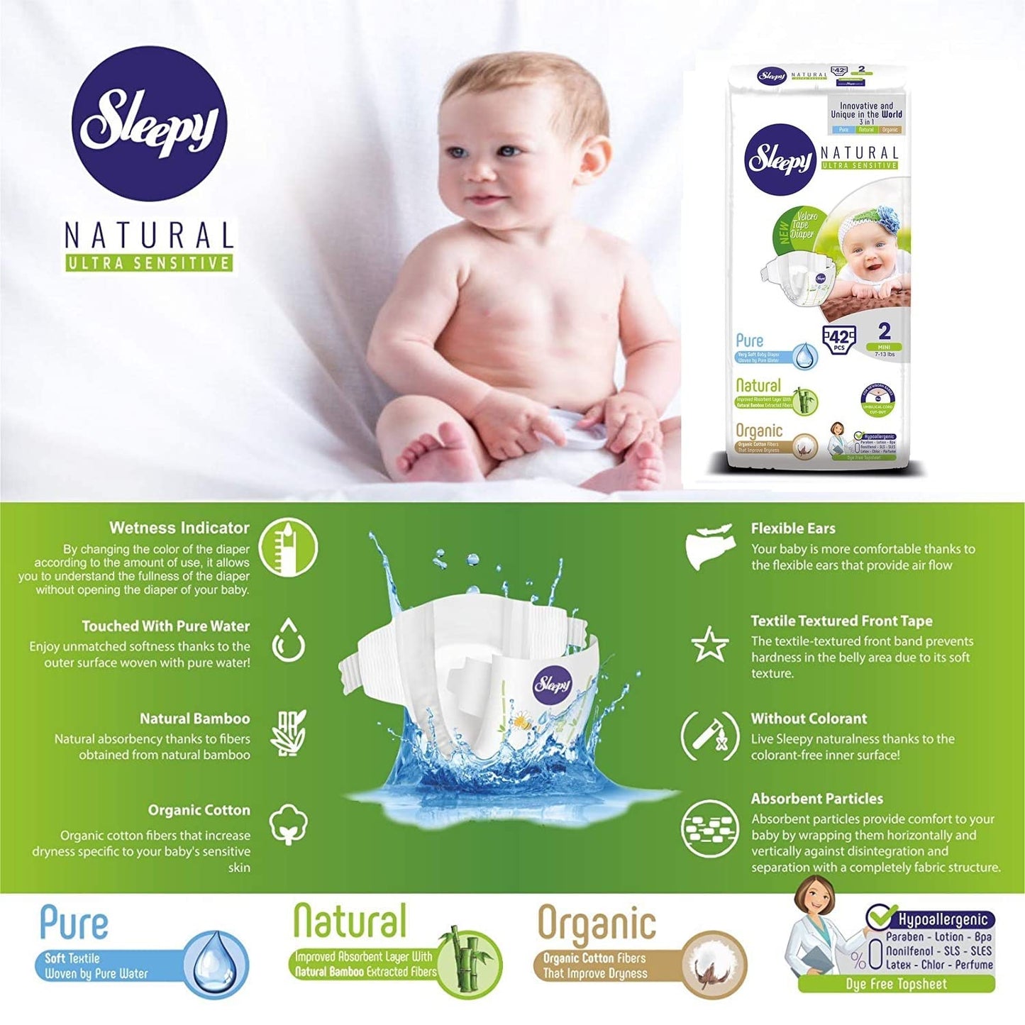 Soho Snuggler Diaper, Size 2, 42 Count, Made From Organic Cotton And Bamboo Extract, Ultimate Comfort And Dryness