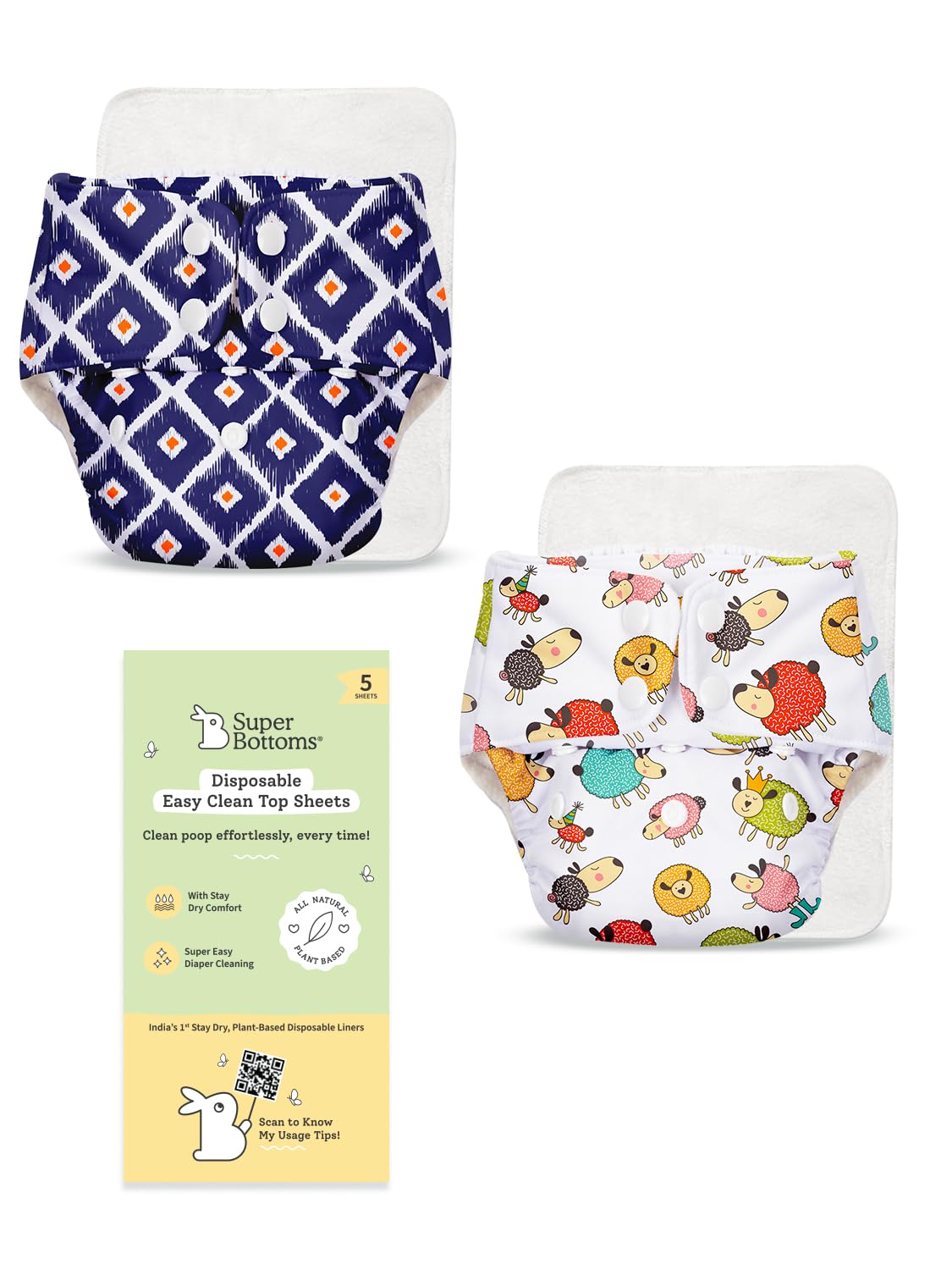 Superbottoms Basic Cloth Diaper Combo | 2 Reusable Diapers + 2 Ultrathin Dry Pads + 5 Disposable Top Sheets | Adjustable, Washab