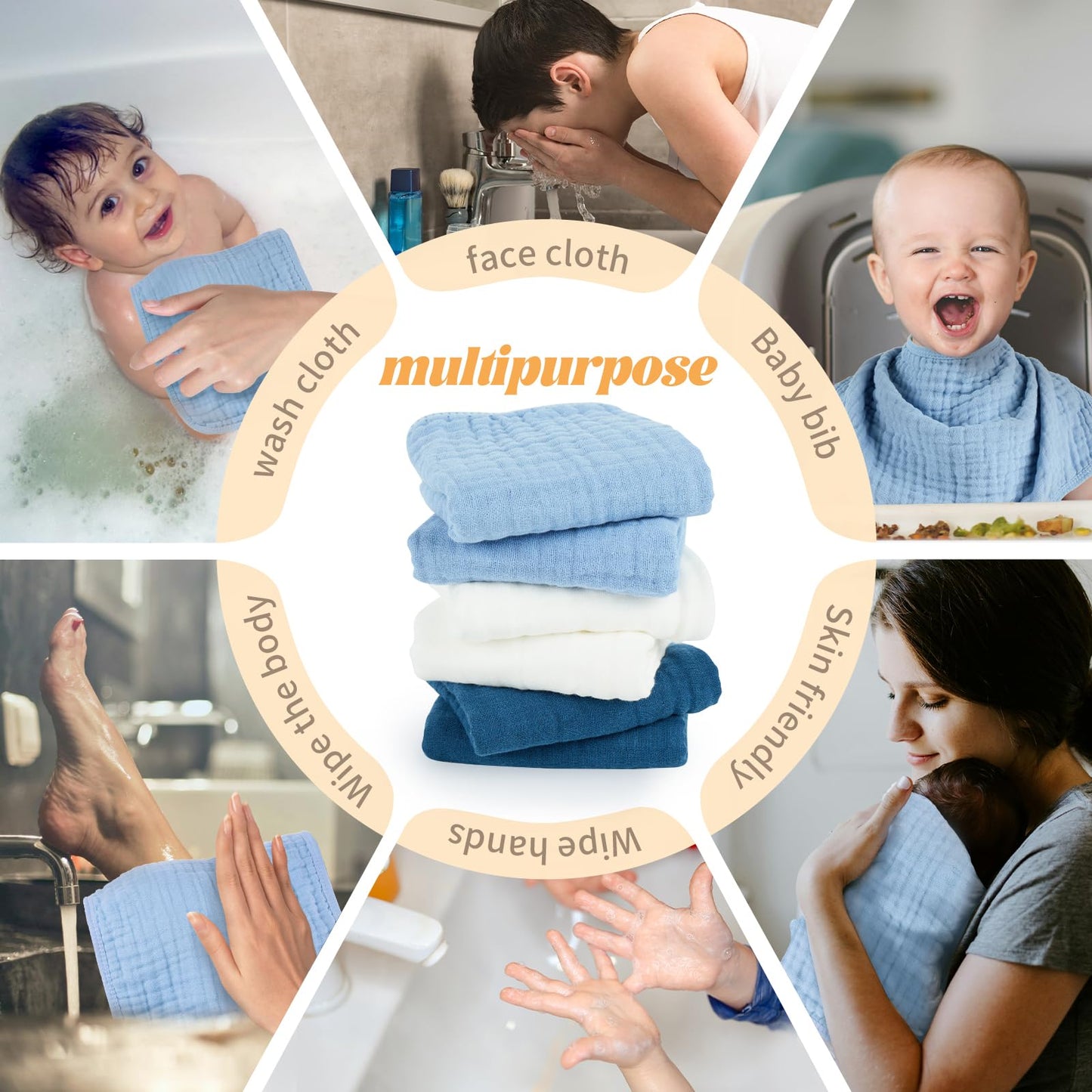 Migiol Baby Burp Cloth 100% Cotton Newborn Cotton Muslin Burp Cloth 10X20 Inches (White & Blue 6 Pieces)