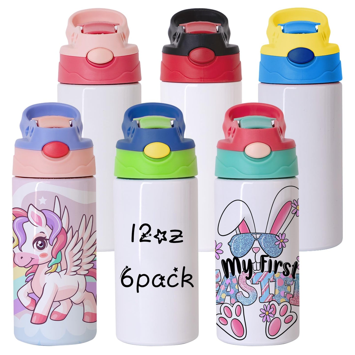 ZREGGUR Kids Sublimation Tumbler Bulk,6 Pack 12oz Stainless Steel Sublimation Blank Sippy Cup,Double Wall Insulated Kids Tumbler