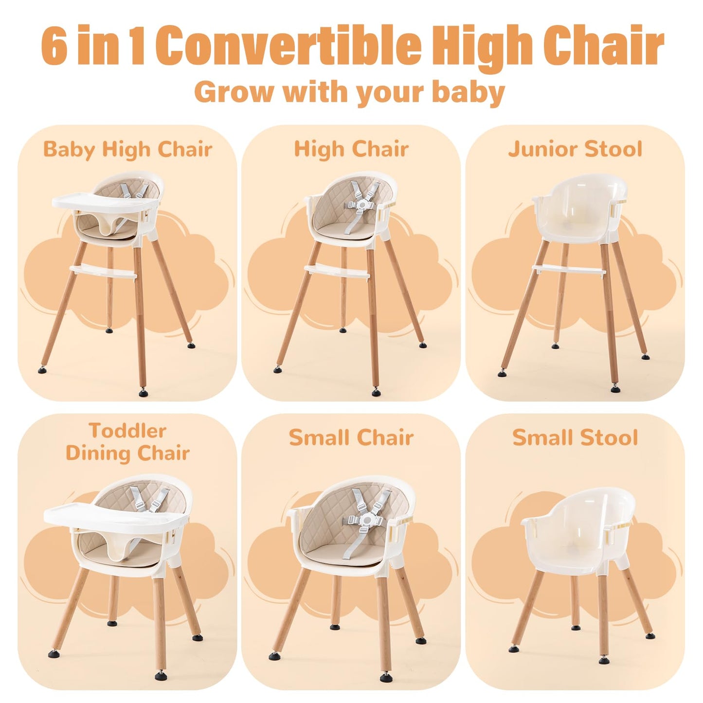 6 In 1 Convertible Wooden High Chair For Babies & Toddlers, Baby Feeding Chair With Adjustable Legs, Double Removable Tray, Infa