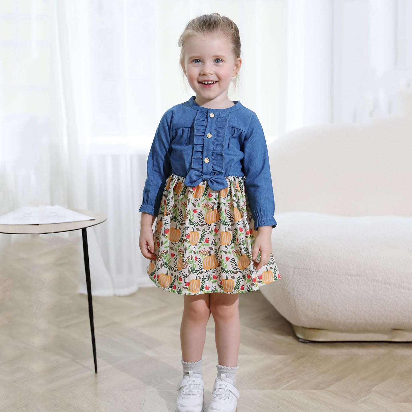 Infant Toddler Baby Girls Halloween Dress Ruffled Button Pumpkin Printed Bowknot Long Sleeve Denim Fall Skirt(Blue, 3-4T)