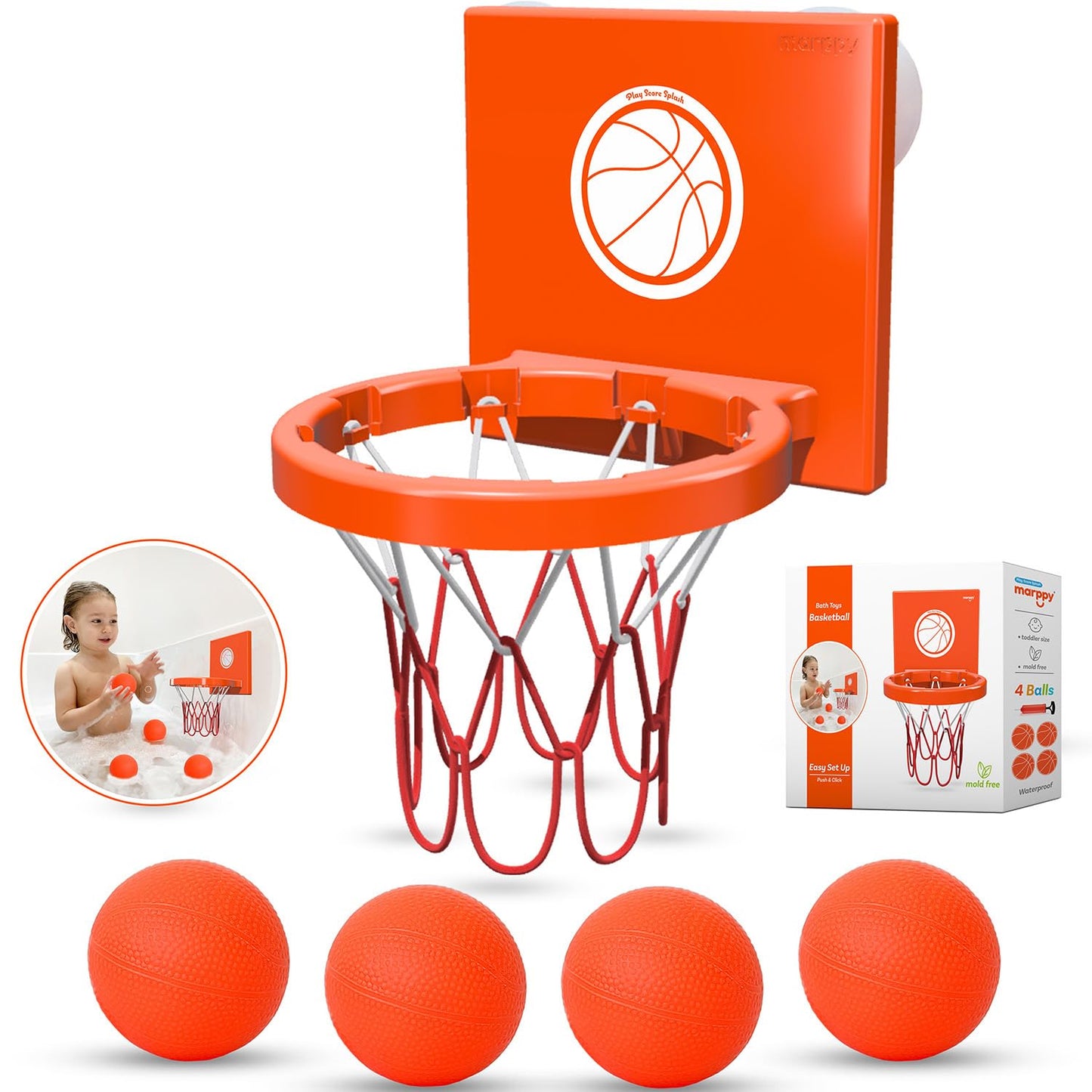 MARPPY Bath Toys for Toddlers & Kids - Bathtub Basketball Hoop with 4 Mold-Free Balls, Strong Suction Cup - Fun Bathtub and Show