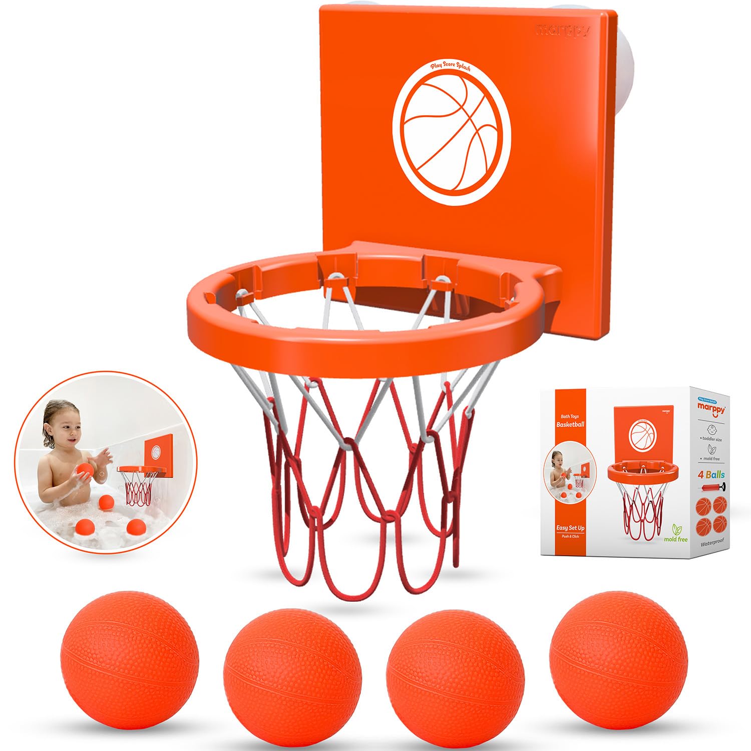 MARPPY Bath Toys for Toddlers & Kids - Bathtub Basketball Hoop with 4 Mold-Free Balls, Strong Suction Cup - Fun Bathtub and Show