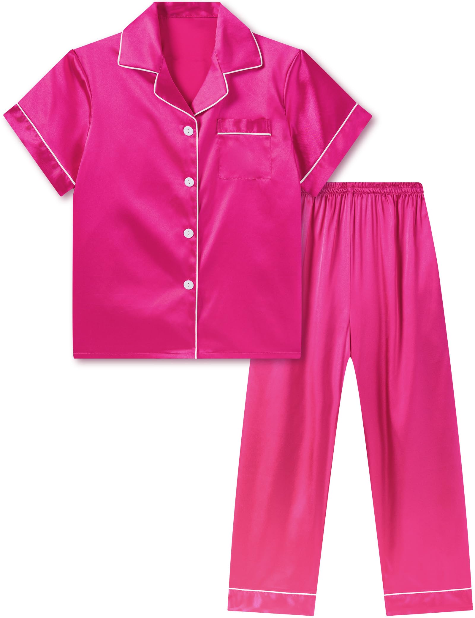 DIPUG Girls Satin Pajamas Set with Pockets Soft Sleepwear Girl Pjs Silky Button Down PJ, Hot Pink, 1011 Years