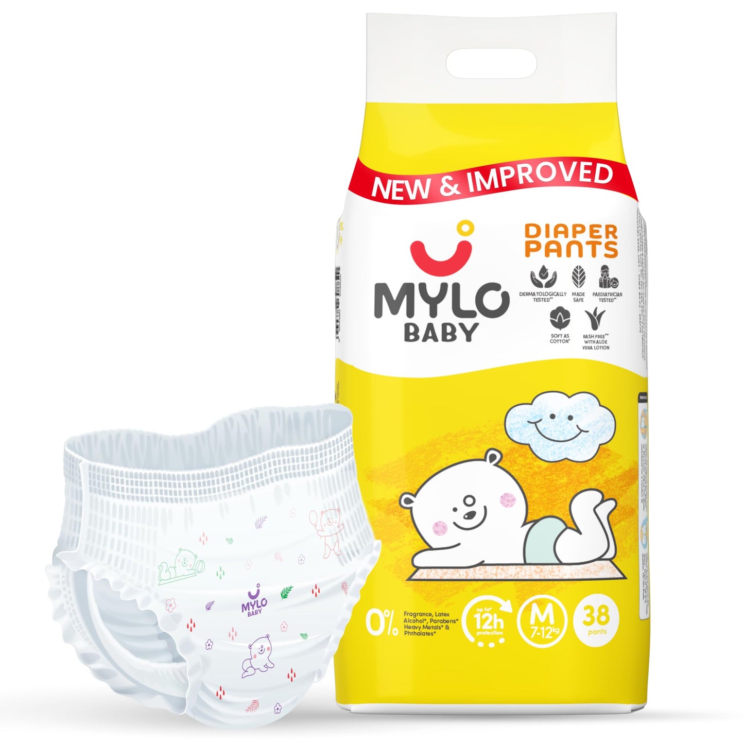 Mylo Baby Diaper Pants Medium (M) Size 712 Kgs (38 Count) Leak Proof | Lightweight | Rash Free | Upto 12 Hours Protection | Adl