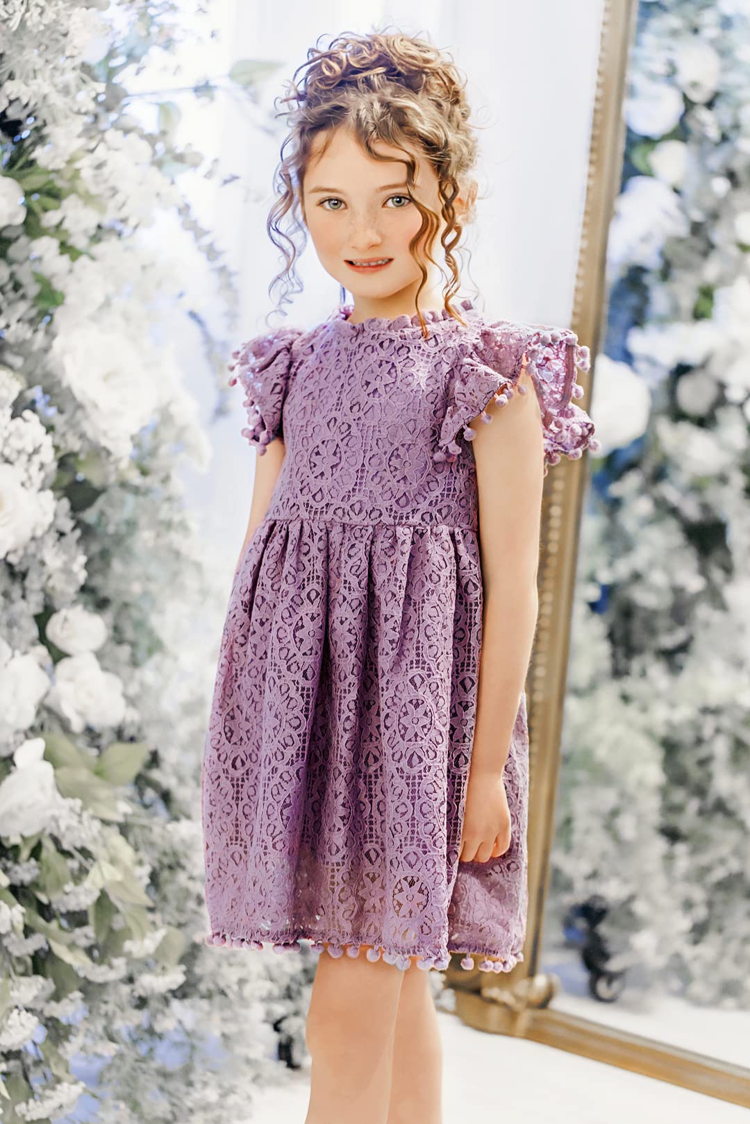 2Bunnies Girl Baby Toddler Vintage Lace Pom Pom Flutter Sleeve Easter Birthday Outfit Dress (Mauve, 3T)