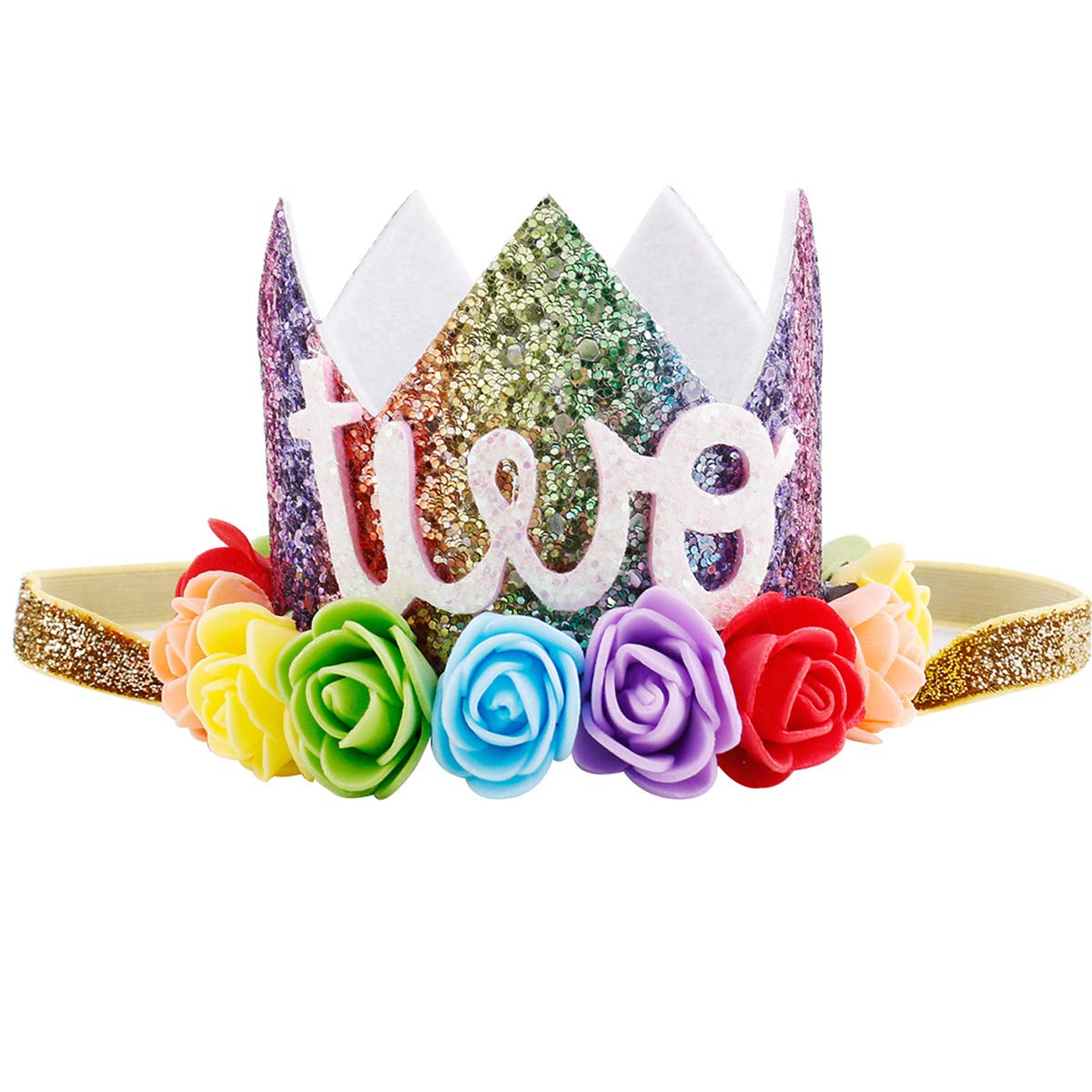 Maticr Baby Girl Glitter 1 2 3 First Birthday Rainbow Flower Crown Hat Floral Tiara Headband For Photo Prop (Letter Two)