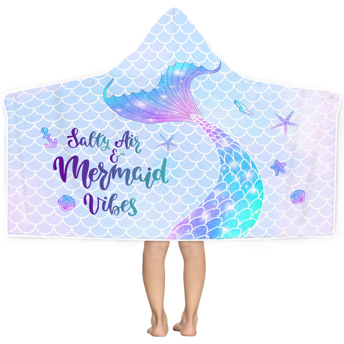 Bonsai Tree Mermaid Kids Hooded Beach Towel, Mermaid Tail Microfiber Hooded Poncho Towel For Toddler Girls 30X50, Mermaid Scales