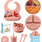 ECLIP Silicone Baby Feeding Set, 10 Pcs Baby Eating Essentials with Suction Bowl Divided Plate Adjustable Bib Soft Spoon Fork Sn