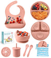 ECLIP Silicone Baby Feeding Set, 10 Pcs Baby Eating Essentials with Suction Bowl Divided Plate Adjustable Bib Soft Spoon Fork Sn