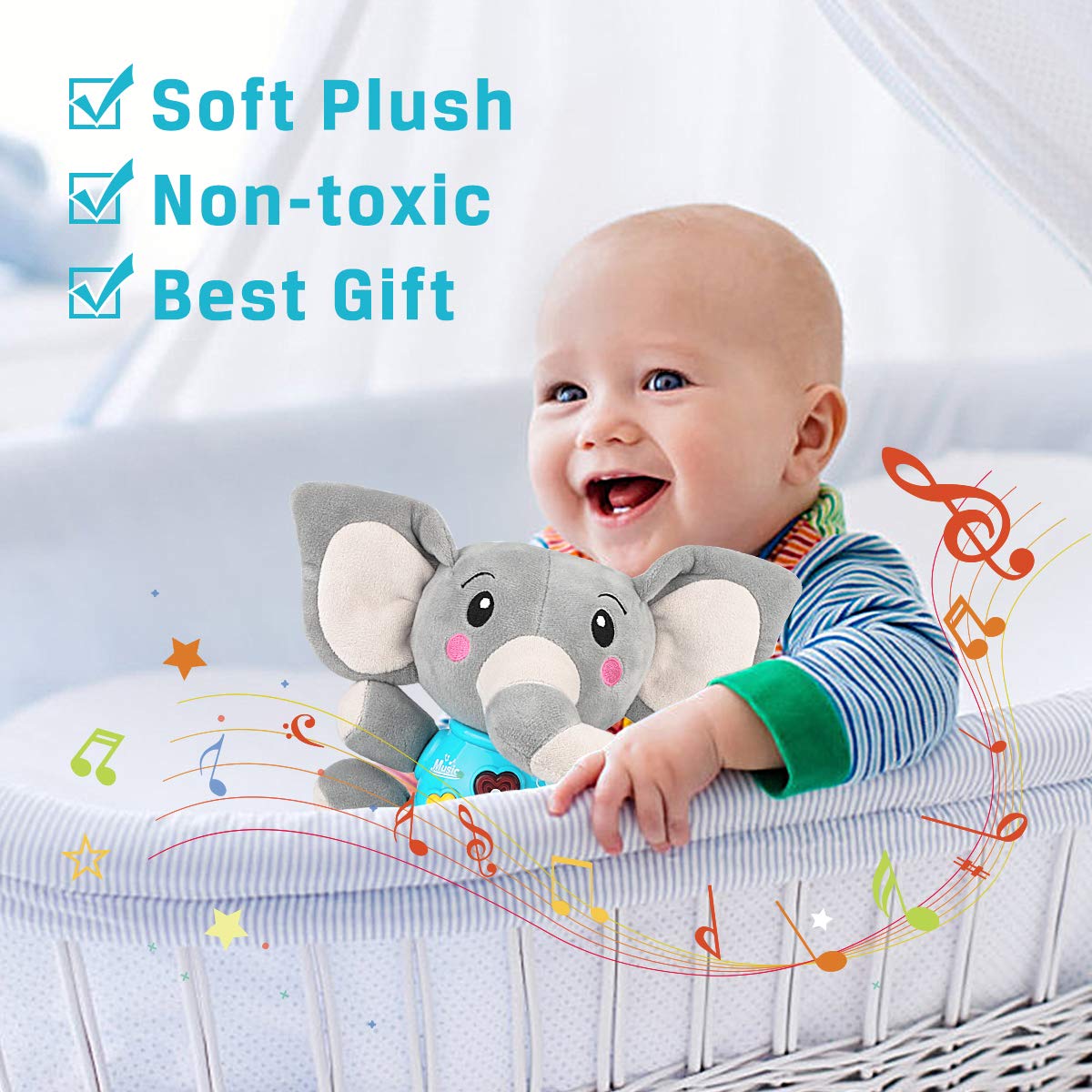 Aitbay Plush Elephant Music Baby Toys 0 3 6 9 12 Months, Cute Stuffed Aminal Light Up Baby Toys Newborn Baby Musical Toys for In