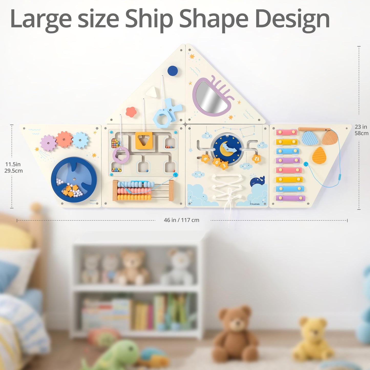 Pillowhale Tangram Activity Wall Busy Board Panels, 12-in-1 Learning Activity Center, Wooden Montessori Sensory Toys for Toddler