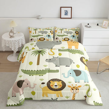 Feelyou Nursery Cute Wild Animals Bedding Set for Girls Boys Child Kids Cartoon Lion Giraffe Crocodile Comforter Decor Nature Wi