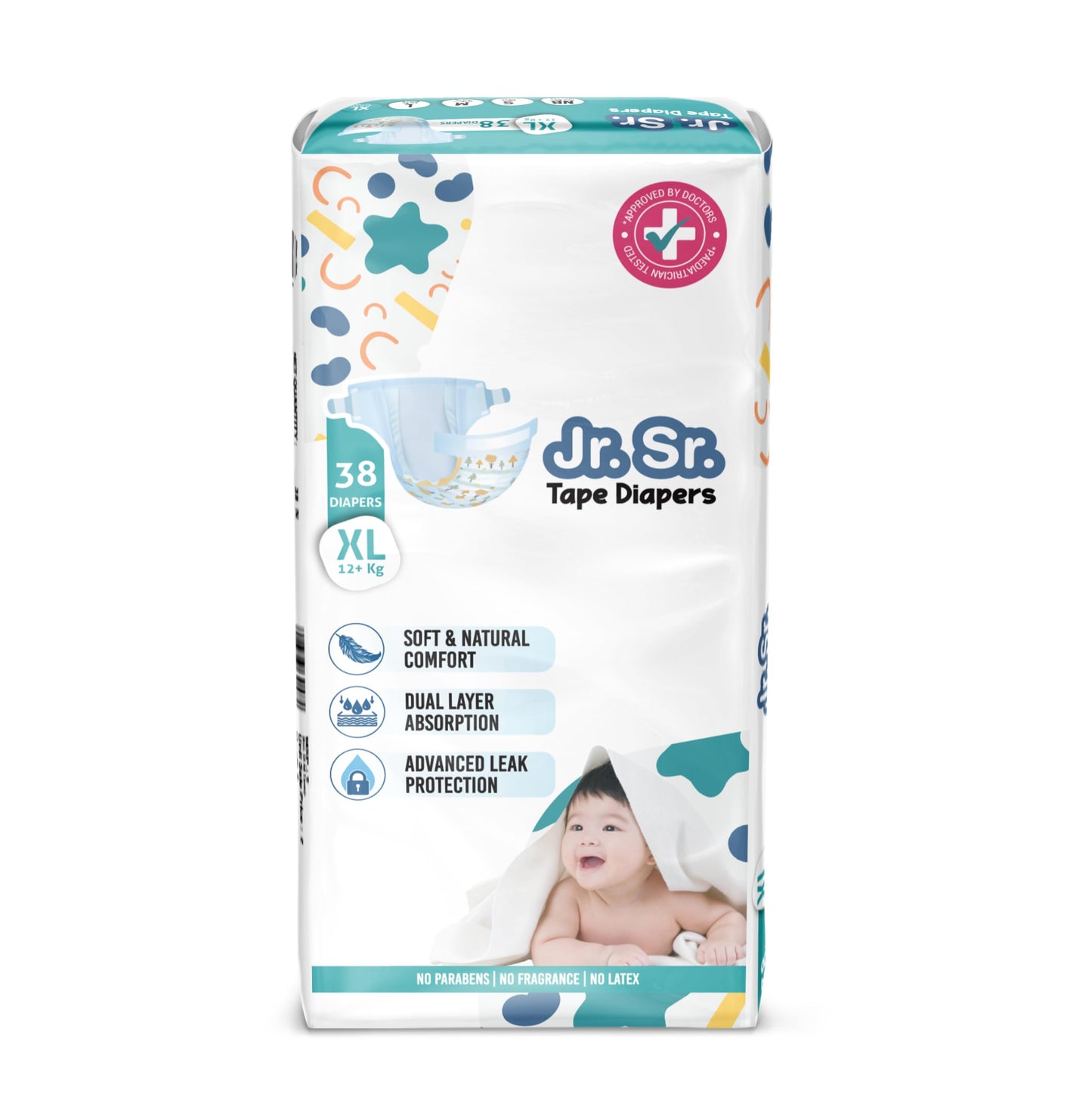 Jr. Sr. Baby Tape Style Diaper | Adjustable Fit For Babies | Extra Large (Xl) Size (12+ Kg), 38 Count | Pack Of 1 | Upto 12 Hr A