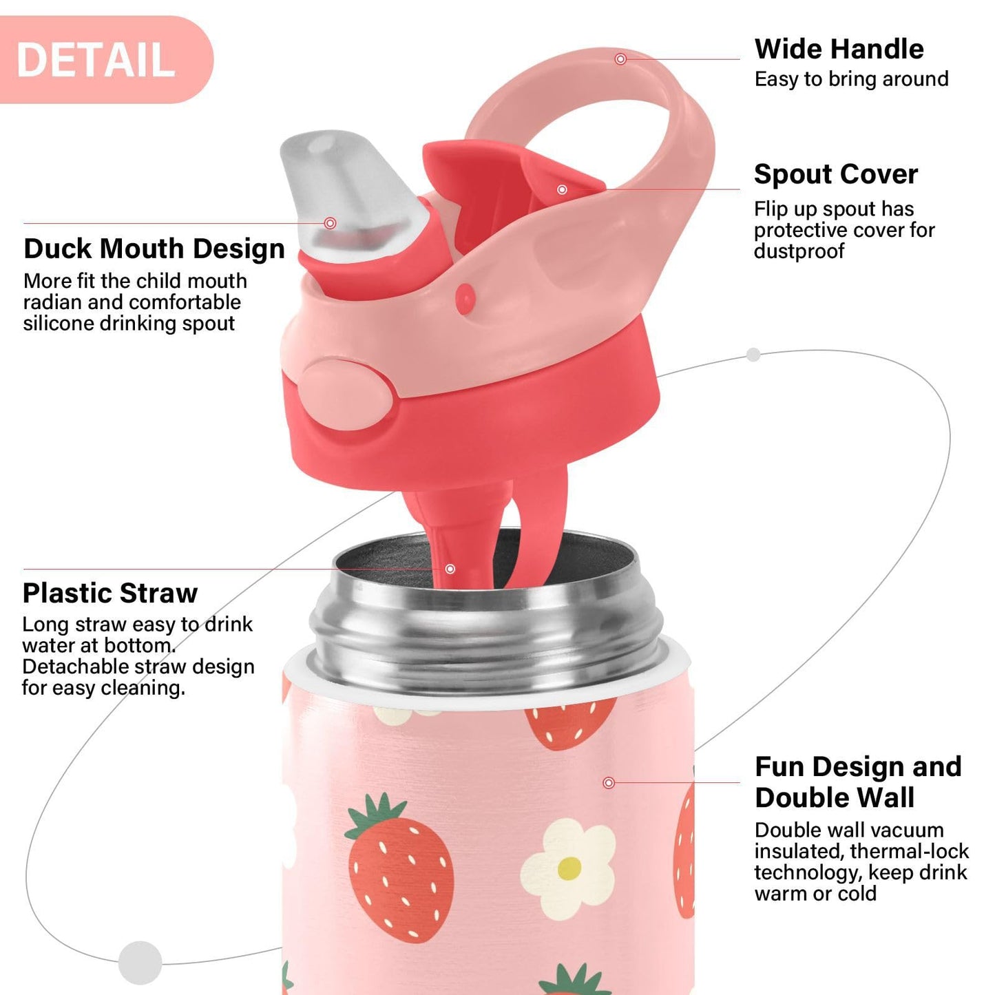 Strawberry Flowers Cute Girls Water Bottle With Straw And Carry Handle Pink Vacuum Insulated Stainless Steel Bottles Leak-Proof