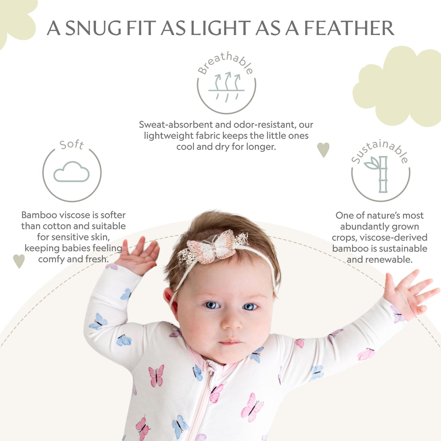 Soft Bamboo Viscose Footies, 2-Way Zipper, Unisex, 12-18 Months, Butterfly, 95% Viscose Made From Bamboo, 5% Spandex - Imported