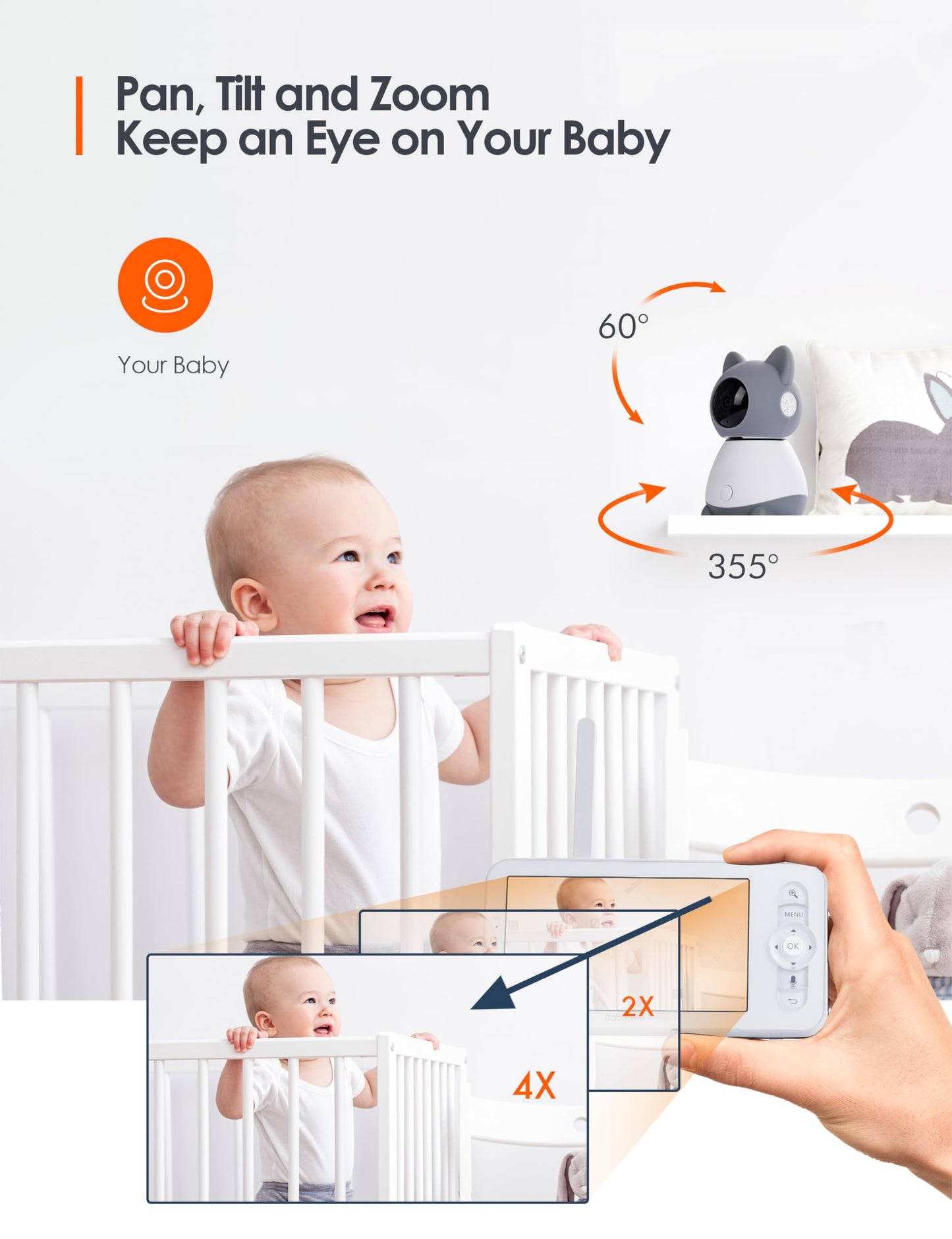 Yeluor 2K Baby Monitor, Baby Monitor With Camera And Audio, 5' Color Display, Infrared Night Vision, 2-Way Talk, Temperature &