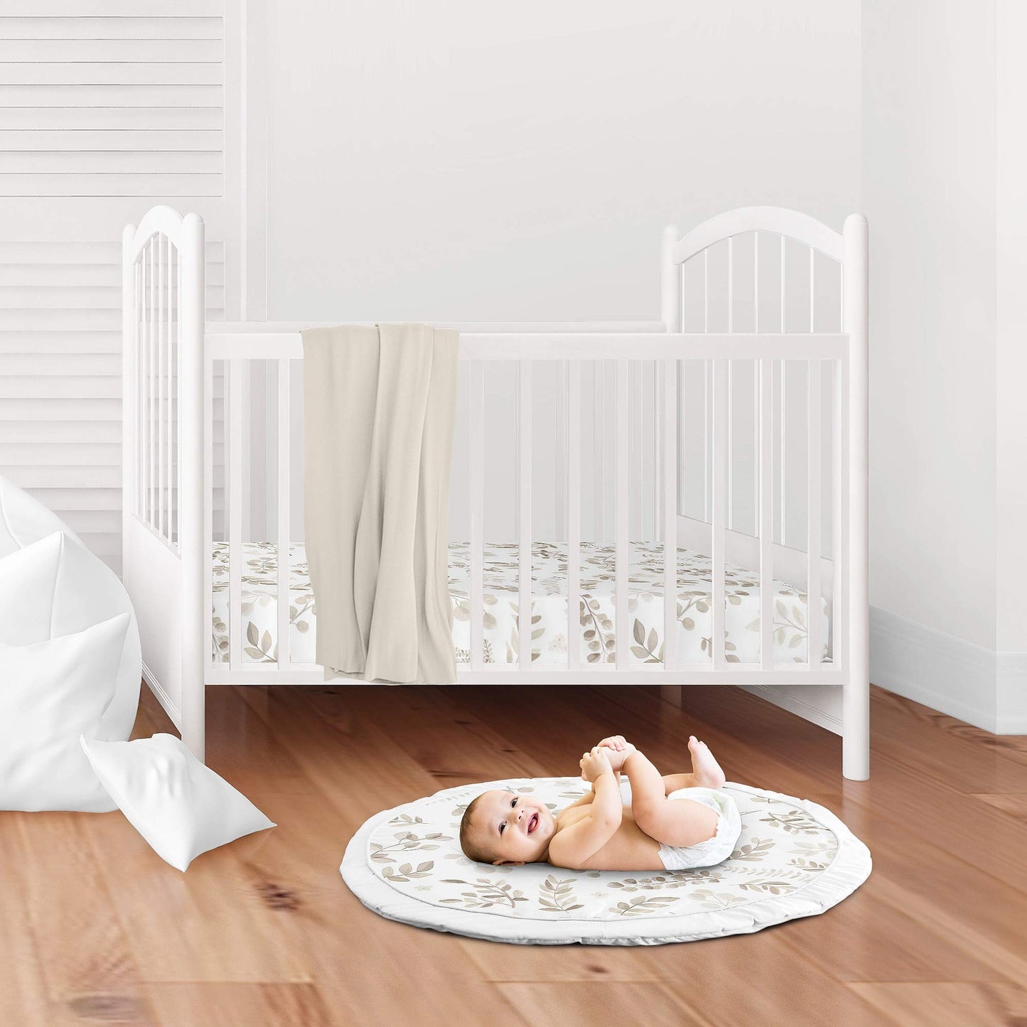Sweet Jojo Designs Leaf Boy Or Girl Baby Playmat Tummy Time Infant Play Mat - Gender Neutral Floral Ivory Beige Taupe And White