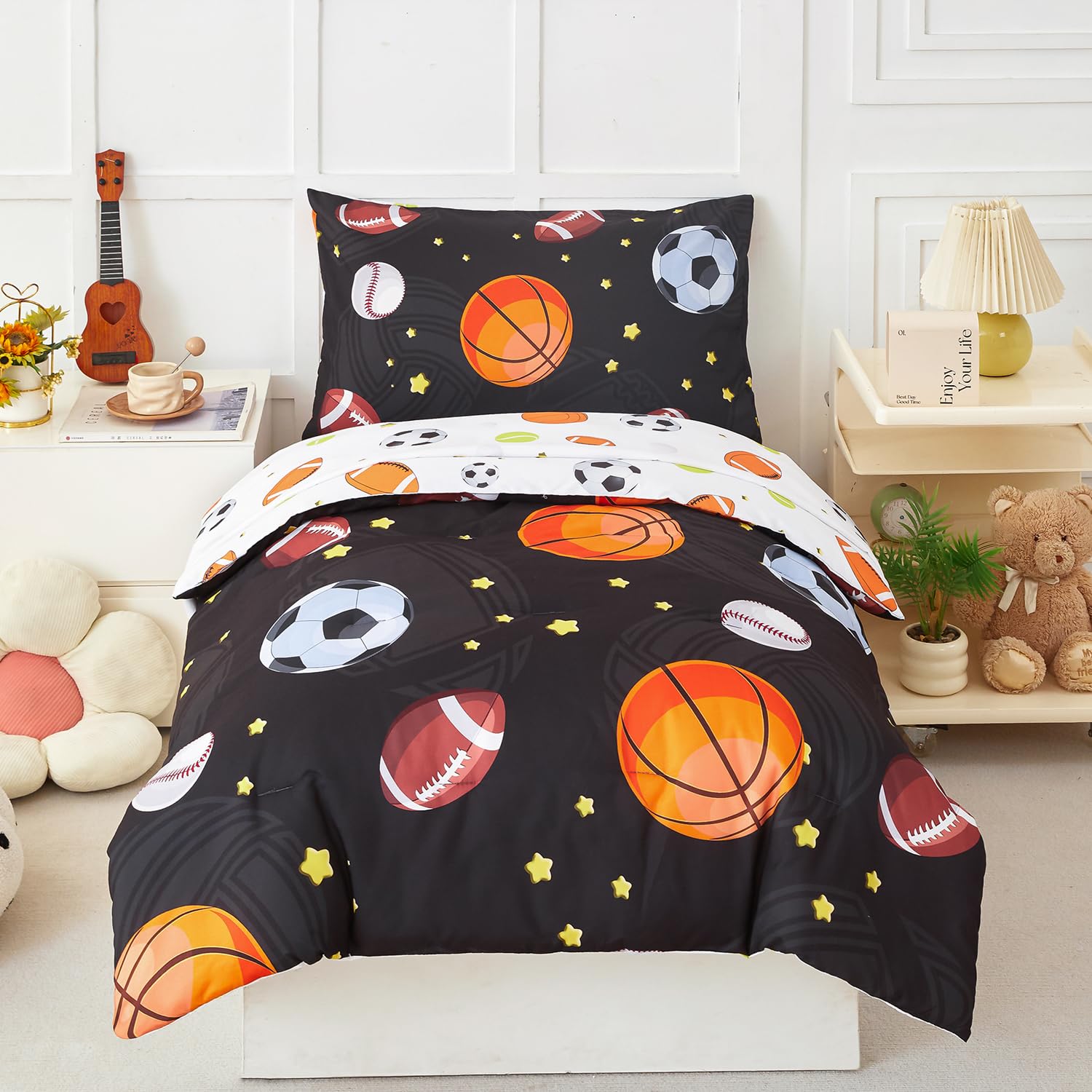 Perfemet Sports Theme Toddler Boys Bedding Set 4 Pieces Basketball Football Printed Toddler Comforter Set Reversible Design Ball