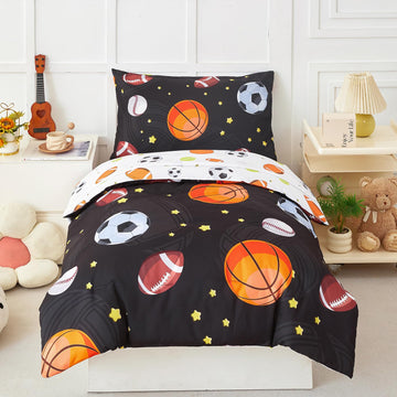 Perfemet Sports Theme Toddler Boys Bedding Set 4 Pieces Basketball Football Printed Toddler Comforter Set Reversible Design Ball